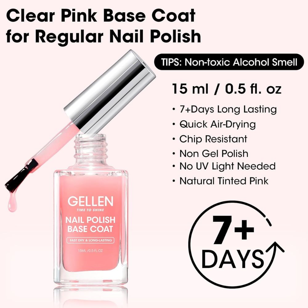 GELLEN Clear Nail Polish Base Coat Sheer Tinted Pink
